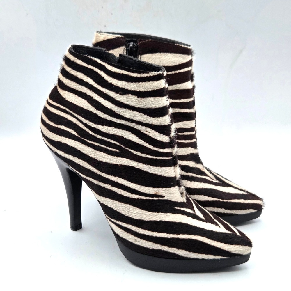 Steve Madden Survey 1 Ankle Boots Zebra Print Black/Beige Calf Hair Heel Size 7M